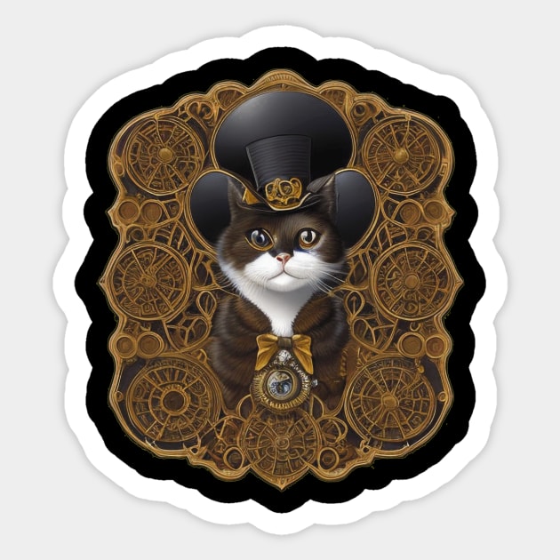 Steampunk Cat in a Top Hat with Gear-filled Background Sticker by ImaginativeInkPOD